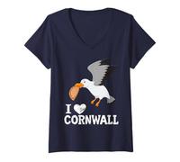 Womens Funny Seagull With A Cornish Pasty I Love Cornwall V-Neck T-Shirt