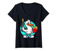 Womens Funny Seagull with French Fries Sneakers Beach Bird Lover V-Neck T-Shirt