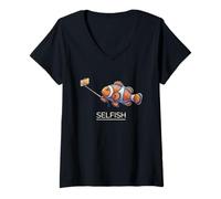 Women's Funny Selfish Clownfish Selfie Stick Sarcastic V-Neck T-Shirt