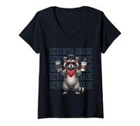 Women's Funny Seventh Grade Feral Raccoon Teacher Back to School V-Neck T-Shirt