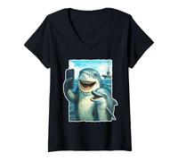 Womens Funny Shark and Dolphin Taking Selfie with Aircraft Carrier V-Neck T-Shirt