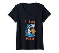 Women's Funny Shark Eating Pizza Graphic Design for Food Lovers V-Neck T-Shirt