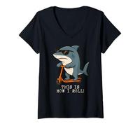 Womens Funny Shark Scooter This Is How I Roll Boys Girls Kids V-Neck T-Shirt