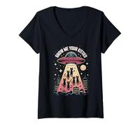 Womens Funny Show ME Your Kitties Cat Love UFO Believer Alien V-Neck T-Shirt