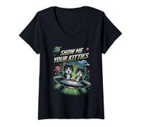 Womens Funny Show ME Your Kitties Cat Love UFO Dad Mama Alien V-Neck T-Shirt