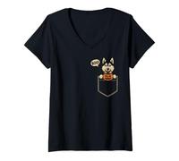 Womens Funny Siberian Husky Halloween Cute Dog Pocket Boo Pumpkin V-Neck T-Shirt