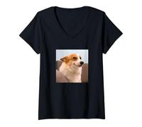 Womens Funny Side Eye Dog Smiling Corgi Meme V-Neck T-Shirt