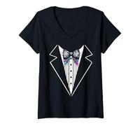Womens Funny Silk Bow Tie Tuxedo Costume Graffiti Urban Style V-Neck T-Shirt