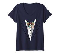 Womens Funny Silk Bow Tie Tuxedo Costume Graffiti Urban Style V-Neck T-Shirt