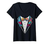 Womens Funny Silk Bow Tie Tuxedo Costume Graffiti Urban Style V-Neck T-Shirt
