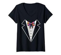 Womens Funny Silk Bow Tie Tuxedo Costume Graffiti Urban Style V-Neck T-Shirt