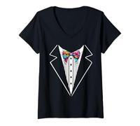 Womens Funny Silk Bow Tie Tuxedo Costume Graffiti Urban Style V-Neck T-Shirt