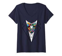Womens Funny Silk Bow Tie Tuxedo Costume Graffiti Urban Style V-Neck T-Shirt