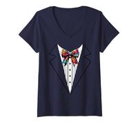 Womens Funny Silk Bow Tie Tuxedo Costume Graffiti Urban Style V-Neck T-Shirt