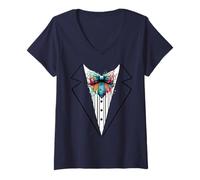 Womens Funny Silk Bow Tie Tuxedo Costume Graffiti Urban Style V-Neck T-Shirt