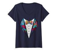 Womens Funny Silk Bow Tie Tuxedo Costume Graffiti Urban Style V-Neck T-Shirt
