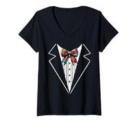 Womens Funny Silk Bow Tie Tuxedo Costume Graffiti Urban Style V-Neck T-Shirt