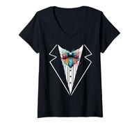 Womens Funny Silk Bow Tie Tuxedo Costume Graffiti Urban Style V-Neck T-Shirt