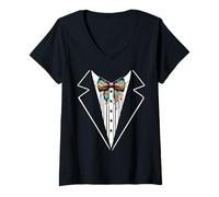 Womens Funny Silk Bow Tie Tuxedo Costume Graffiti Urban Style V-Neck T-Shirt