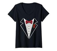 Womens Funny Silk Bow Tie Tuxedo Costume Roses Floral Botanical V-Neck T-Shirt