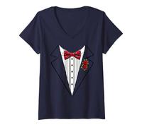 Womens Funny Silk Bow Tie Tuxedo Costume Roses Floral Botanical V-Neck T-Shirt