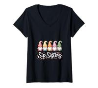 Women's Funny Sip Sisters Gnomes Watercolor Saying V-Neck T-Shirt
