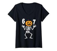 Womens Funny Six Seven Jack-O-Lantern Skeleton Halloween 6 7 Meme V-Neck T-Shirt
