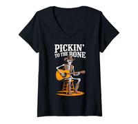 Womens Funny Skeleton Cowboy Playing Guitar Halloween Country Music V-Neck T-Shirt