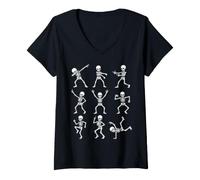 Women's Funny Skeleton Dabbing Dance Poses Spooky Bone Party V-Neck T-Shirt