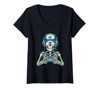 Women's Funny Skeleton Gamer Tee Gaming Headset Gamepad Video Games V-Neck T-Shirt