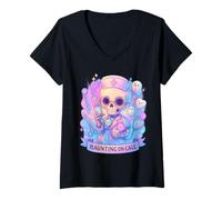Womens Funny Skeleton Ghost Nurse Haunting On Call Halloween Nurses V-Neck T-Shirt
