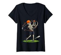 Women's Funny Skeleton Golfer Swing Spooky Halloween Golf Lover V-Neck T-Shirt