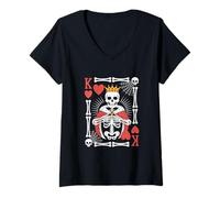 Womens Funny Skeleton King Of Hearts Halloween Playing Card Poker V-Neck T-Shirt
