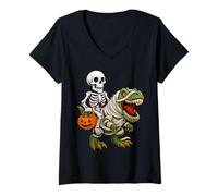 Womens Funny Skeleton Riding T Rex Mummy Dinosaur Halloween V-Neck T-Shirt