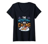 Women's Funny Skiing Cat The Meowtains are Calling Mountain Lover V-Neck T-Shirt