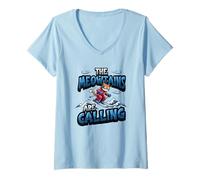 Women's Funny Skiing Cat The Meowtains are Calling Mountain Lover V-Neck T-Shirt
