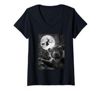 Womens Funny Skunk Selfie Full Moon Flying Witch Forest Halloween V-Neck T-Shirt