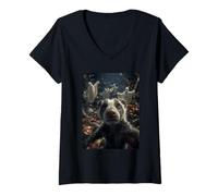 Womens Funny Skunk Selfie with Ghosts and Haunted Forest Halloween V-Neck T-Shirt