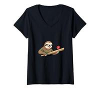 Women's Funny Sloth Cricket Batsman Lazy Cricketer V-Neck T-Shirt