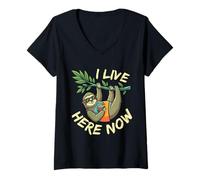 Women's Funny Sloth I Live Here Now V-Neck T-Shirt