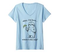 Women's Funny Sloth Okay I'm Here Where's The Nap Graphic V-Neck T-Shirt