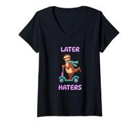 Women's Funny Sloth Riding Scooter Later Haters Bye Peace Out V-Neck T-Shirt