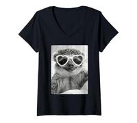 Women's Funny Sloth with Hearts Sunglasses Cute Animal Meme Summer V-Neck T-Shirt