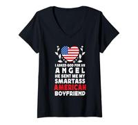 Womens Funny Smartass American Boyfriend America USA Flag V-Neck T-Shirt
