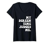 Womens Funny Social Media Scrolling My Screen Time Judges Me Scroll V-Neck T-Shirt