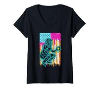 Women's Funny Softball Catcher USA Flag Waffle Donut Pop Art V-Neck T-Shirt