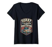 Women's Funny Sorry I was Thinking About Video Editing V-Neck T-Shirt