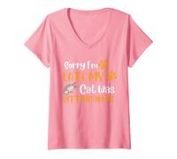 Women's Funny Sorry I'm Late My Cat was Sitting On Me Cats Design V-Neck T-Shirt, Pink, Medium