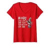 Womens Funny Sorry Late My Cat Witch Sitting ON ME Magical Witches V-Neck T-Shirt