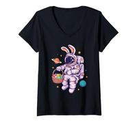 Women's Funny Space Bunny Astronaut Easter Basket Egg Hunt Design V-Neck T-Shirt